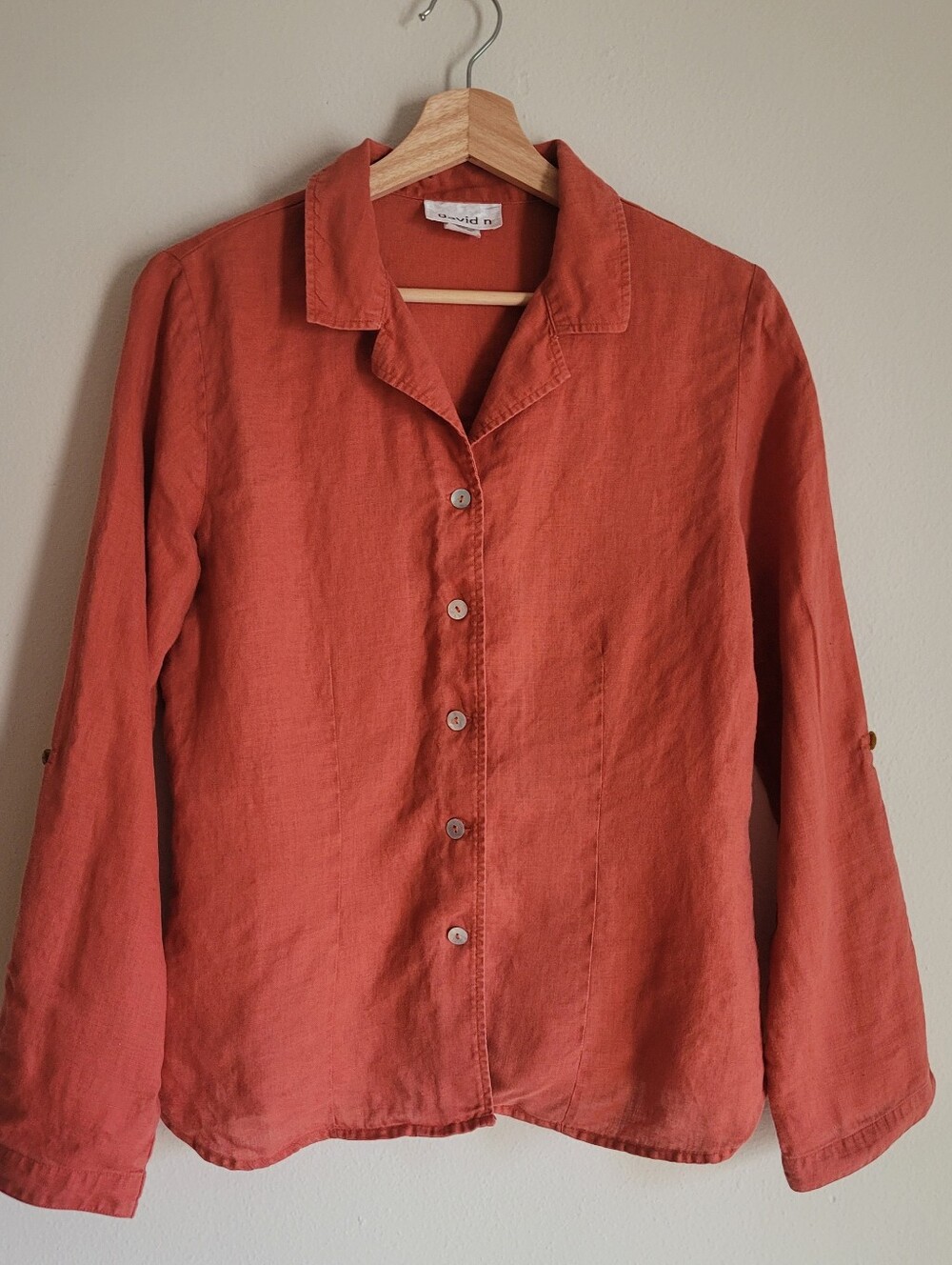 David N 100% Linen Button Down Shirt Medium Orange Red Long Sleeves roll tab